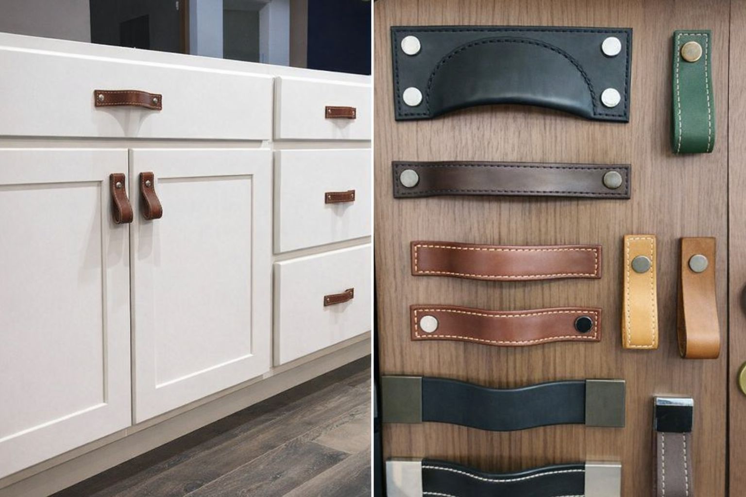 Vita köksluckor med bruna läderhandtag bredvid ett urval av olika läderbeslag.