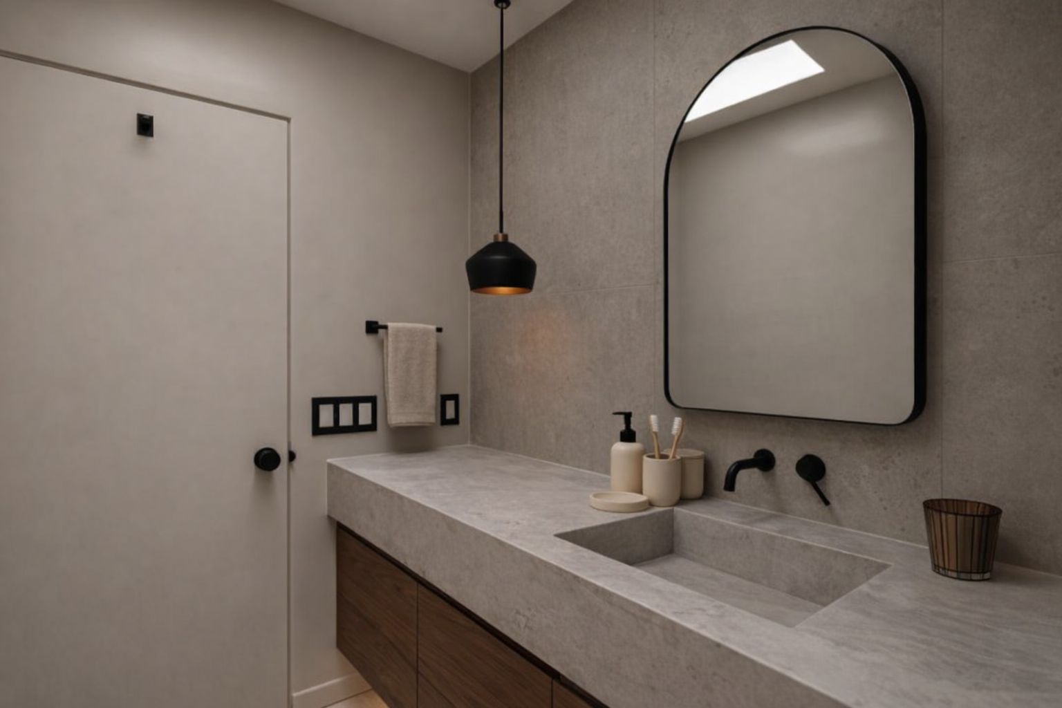 Modernt badrum med grå bänkskiva i sten och svarta detaljer.